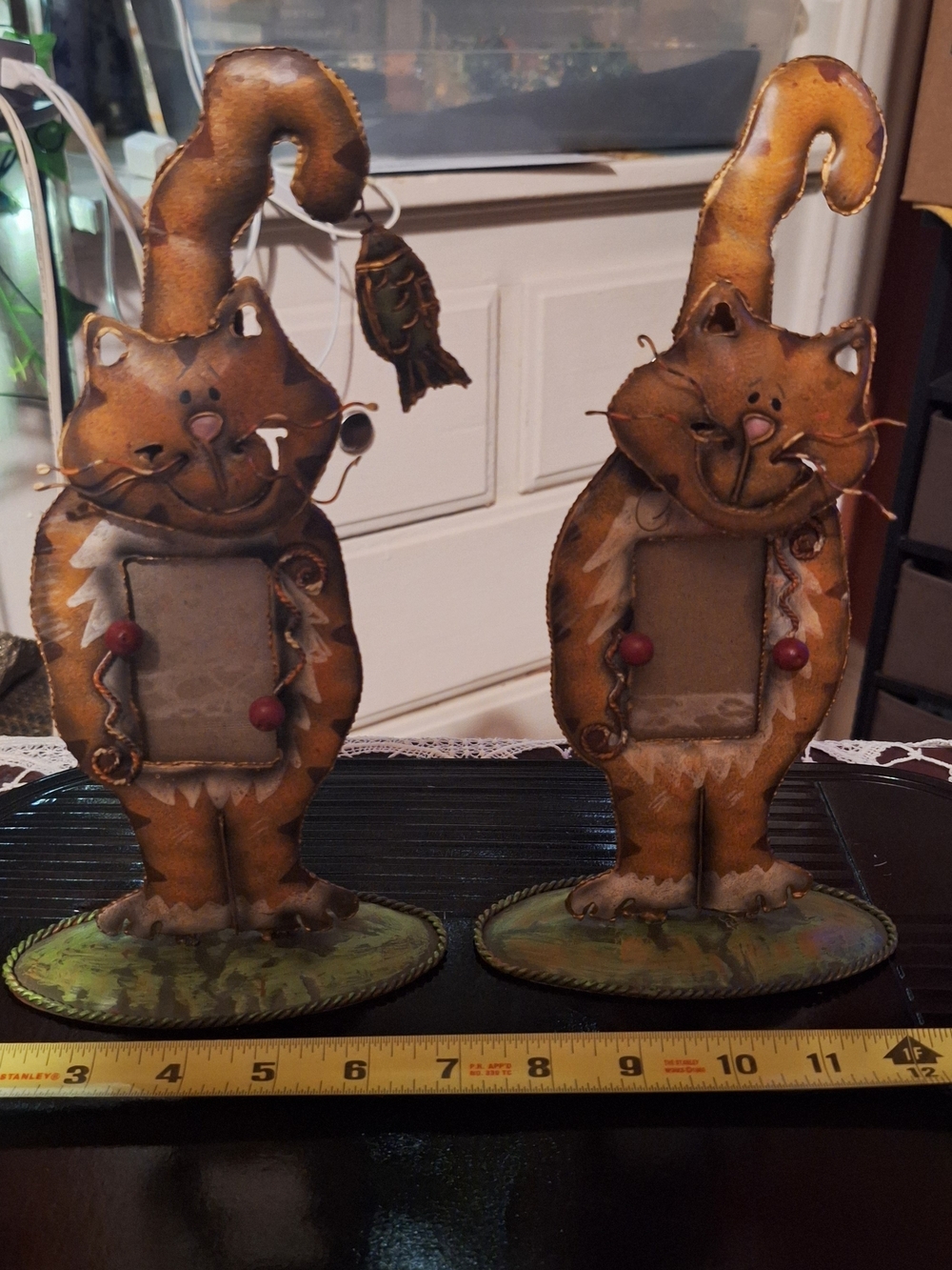 Whimsical Orange/ Brown Metal Cat Photo Frame Pair